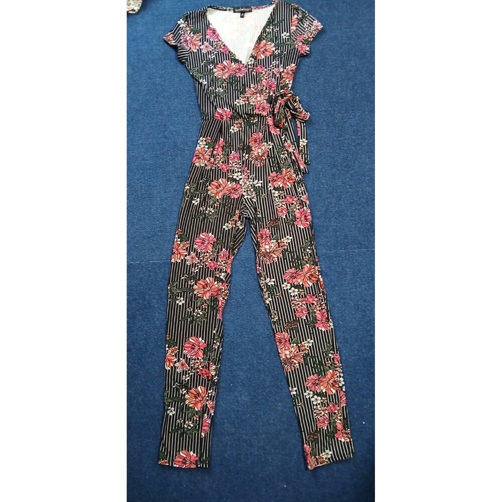Derek Heart  Short Sleeve Black /White Pinstripe Floral Jumpsuit  Small